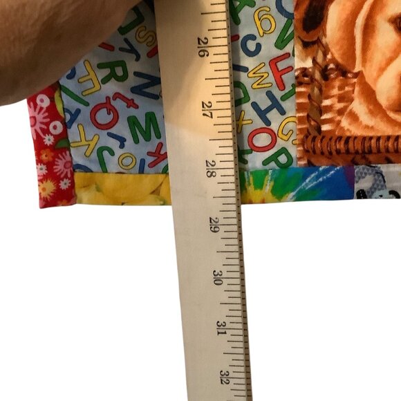 Vtg Handcrafted Multicolored Patchwork Baby Quilt 29”x21” Animals Food Flowers - Picture 3 of 5